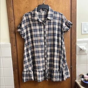 Easel Plaid Tunic Top - Blue and Cream